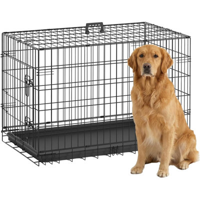 Cage pour chien de 91 cm de large en fil de fer métallique, résistant aux intempéries, avec double porte verrouillable, panneau de séparation et plateau amovible.