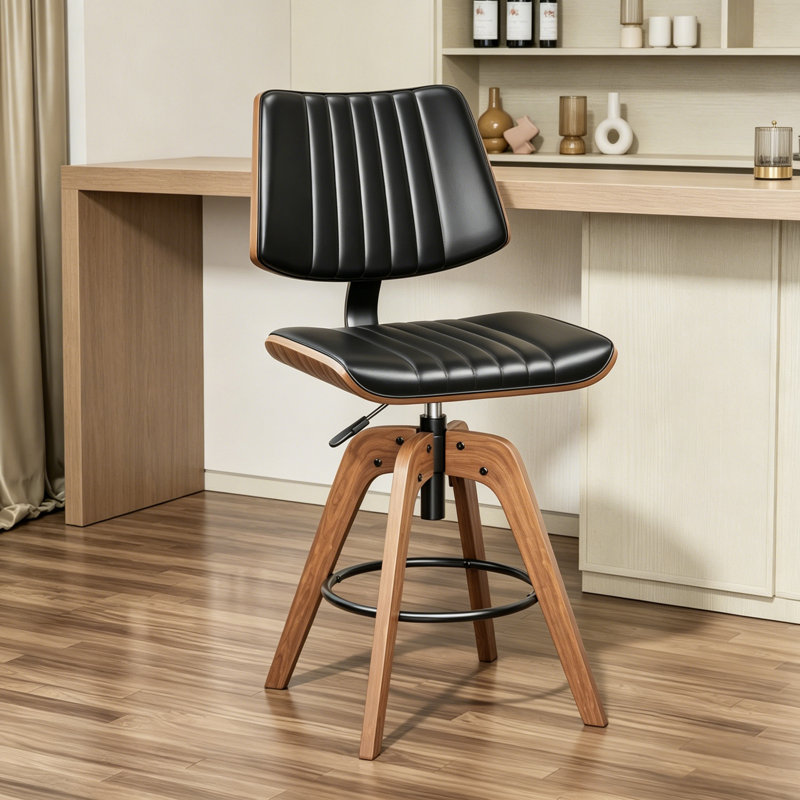 Adjustable Height Swivel Bar Stool With Back, Solid Wood Modern PU Leather Counter Stool For Kitchen Island, Black