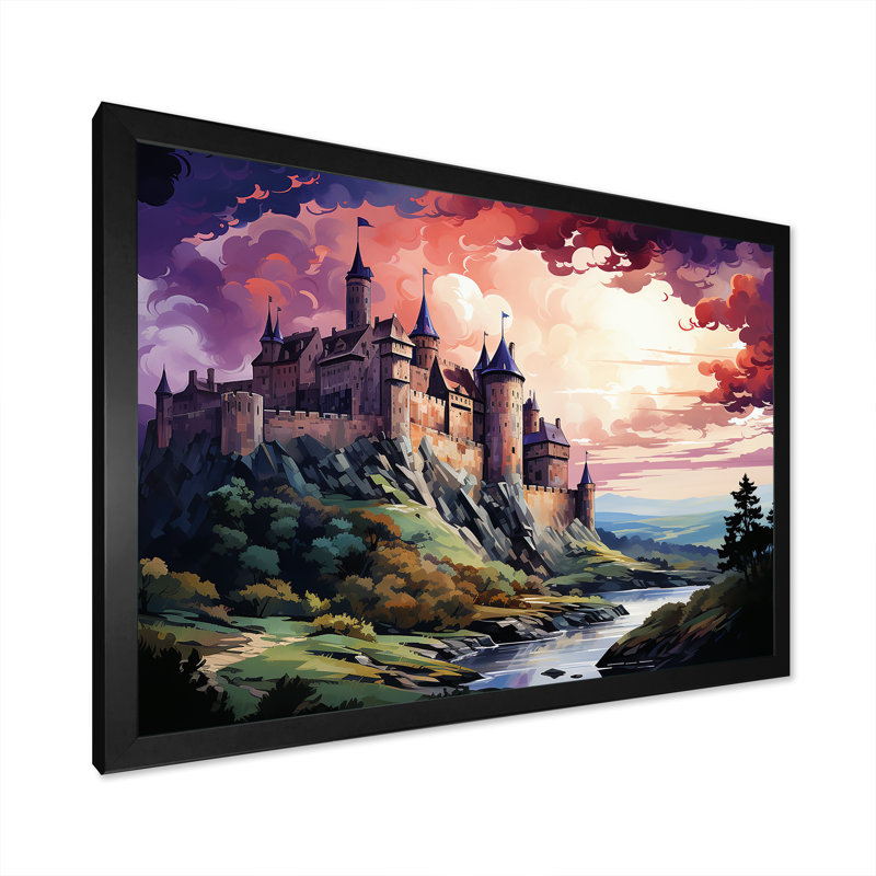 Château français médiéval, H 16 po x l 32 po x P 1 po, Cadre simple noir