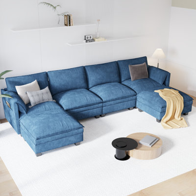 Canapé de 141,5 pouces à 6 places de 141,5 po, canapés en U avec repose-pieds mobile, accoudoirs avec poches, canapés modernes en tissu pour le salon, appartement, bureau