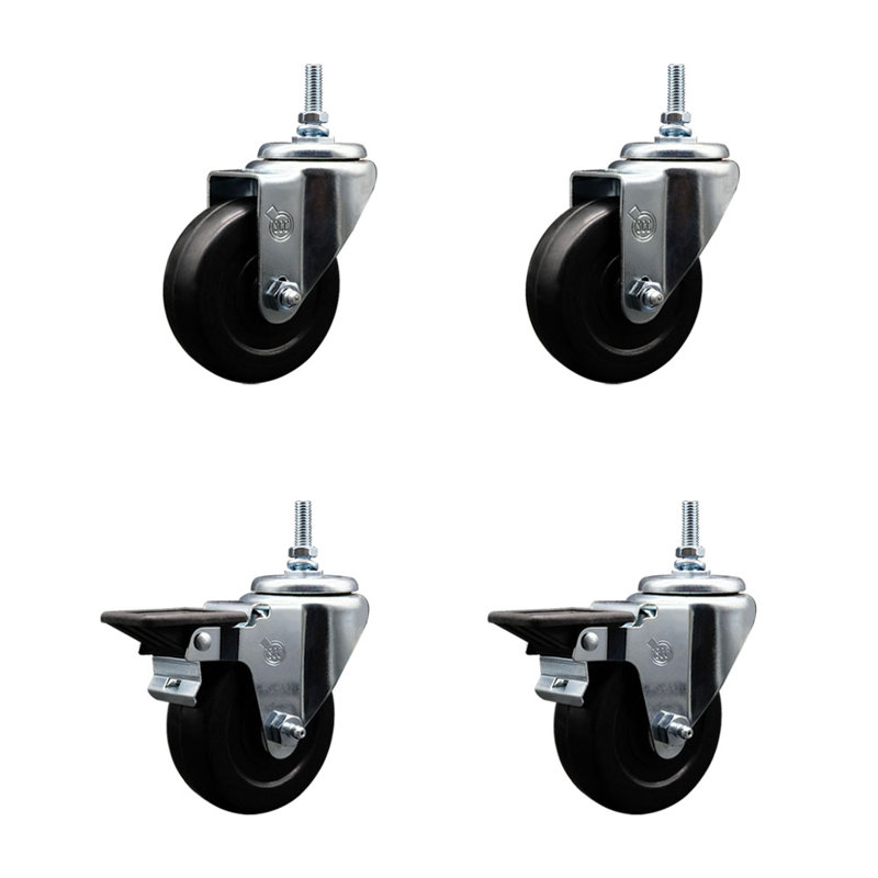 3.5 Inch_Soft Rubber 3/8 Inch Threaded Stem Caster Set 2 Brakes SCC