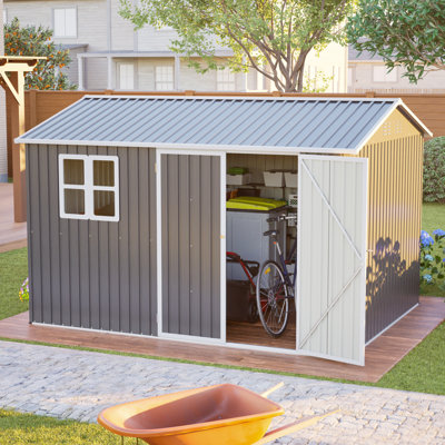 Remise de rangement surdimensionnée en acier 10 pi x 8 pi avec fenêtre, portes verrouillables et toit incliné, remise à outils robuste pour le jardin, le patio, la cour arrière, la pelouse