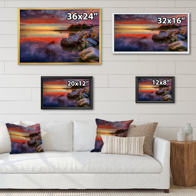 " Calm Water At Sunset ", 24" H x 36" W x 1" D, Black Floater Framed Canvas