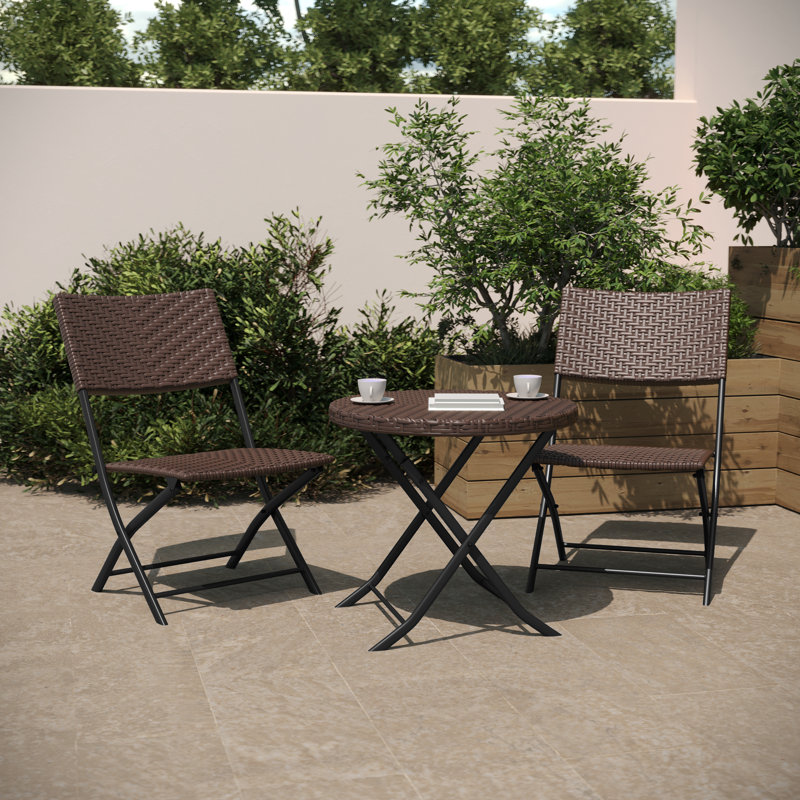 Three Piece Folding Set in PE Rattan with Metal Frames for Indoor and Outdoor Use, Brown/Black