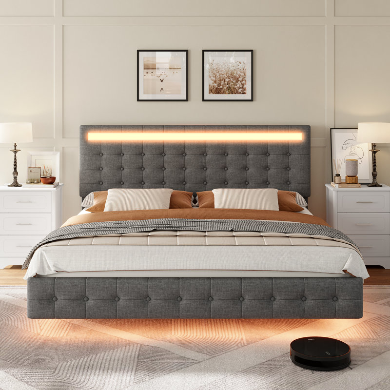 Base de lit flottante avec lumières à DEL avec lattes de métal et espace de rangement sous le lit