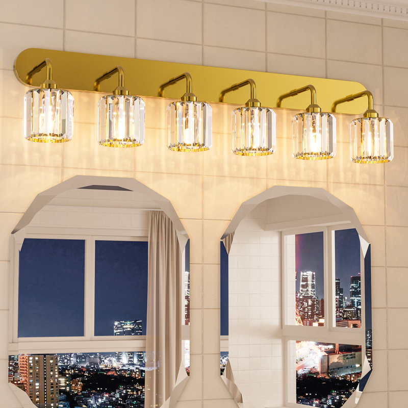 Dimmable Bathroom Vanity Light with Crystal Shade, 6 Lights, Brushed Gold