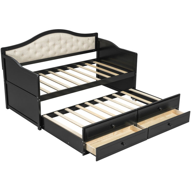 Bouton - Lit de jour simple avec lit gigogne et rangement, finition noire, convient à divers espaces