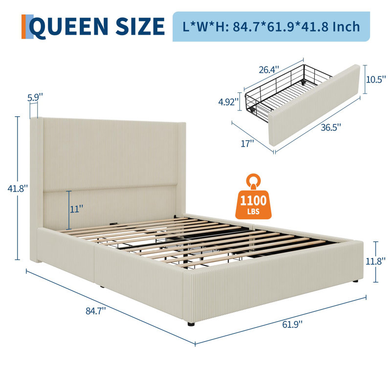 Structure de grand lit avec 4 tiroirs de rangement, lit plateforme tapissier en velours côtelé avec dossier à oreilles, tête et pied de lit capitonnés, aucun sommier requis, assemblage facile