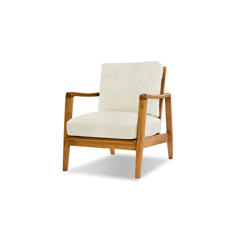 Chaise longue rembourrée Craftsman, Tissu crème bouclé, Bois naturel
