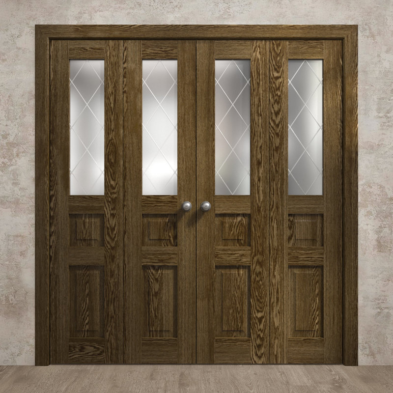 Portes coulissantes doubles pliantes pour placard 96 x 80 pouces Ego 5011 Chêne marbré, rails robustes, moulures, garnitures, quincaillerie, bois massif, portes de placard de chambre