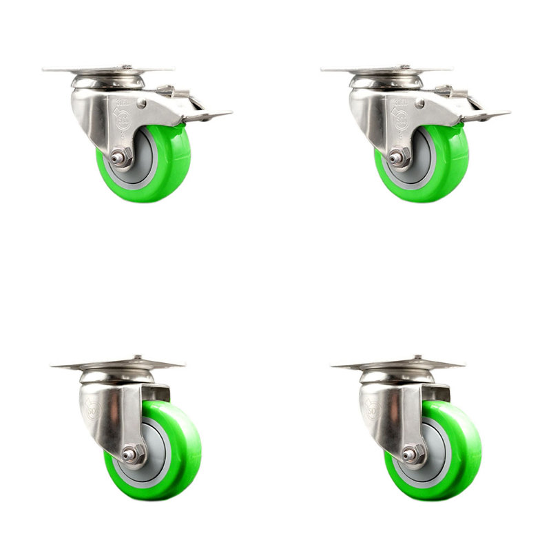 Ensemble de 3 roulettes de 3,5 pouces en polyuréthane pivotant avec 3 roulettes, Vert