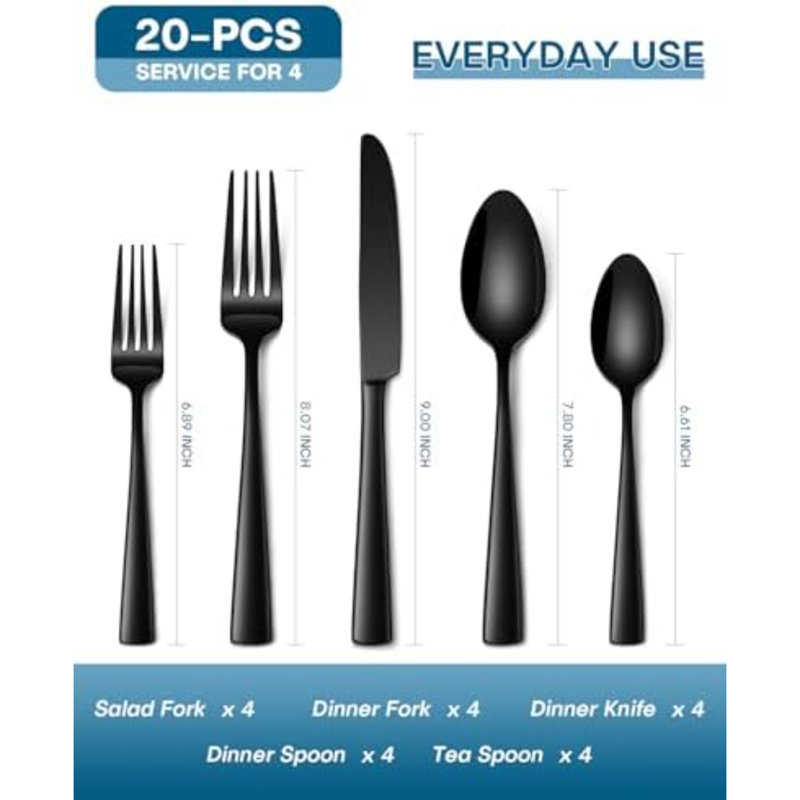 Ensemble de 20 couverts noirs, ensemble de couverts en acier inoxydable de qualité alimentaire pour 4 couverts polis en miroir comprenant des couteaux de table, des cuillères et des fourchettes