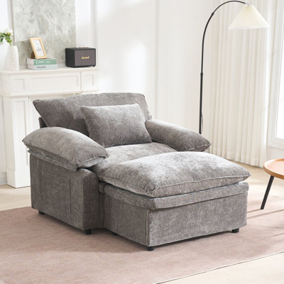 Chaise longue surdimensionnée en chenille moderne avec repose-pieds, canapé-lit confortable avec accoudoirs double avec repose-pieds de rangement pour la chambre à coucher ou le salon