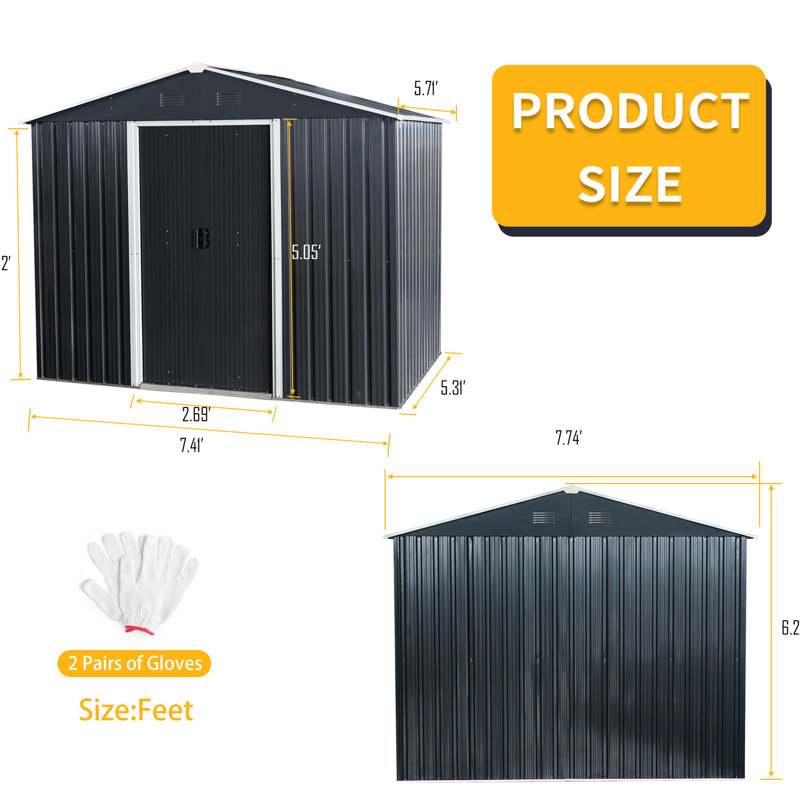 8ft X 6ft Metal Storage Shed In Black, Galvanized Iron Construction For Longevity, Punched Vents, Sliding Door With Padlock, Easy Assembly Process Build Strength, Air Method