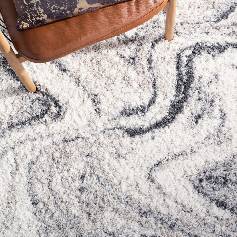 Ivory and Grey Hand-knotted Shag Runner Rug