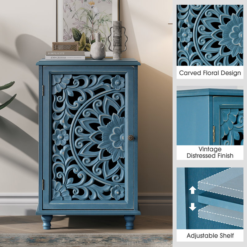 Small Accent Cabinet With Door, Storage Cabinet With Solid Wood Legs And Adjustable Shelf, Distressed End Table For Living Room, Sofa Side Table For Bedroom, Dining Room, Kitchen, Blue