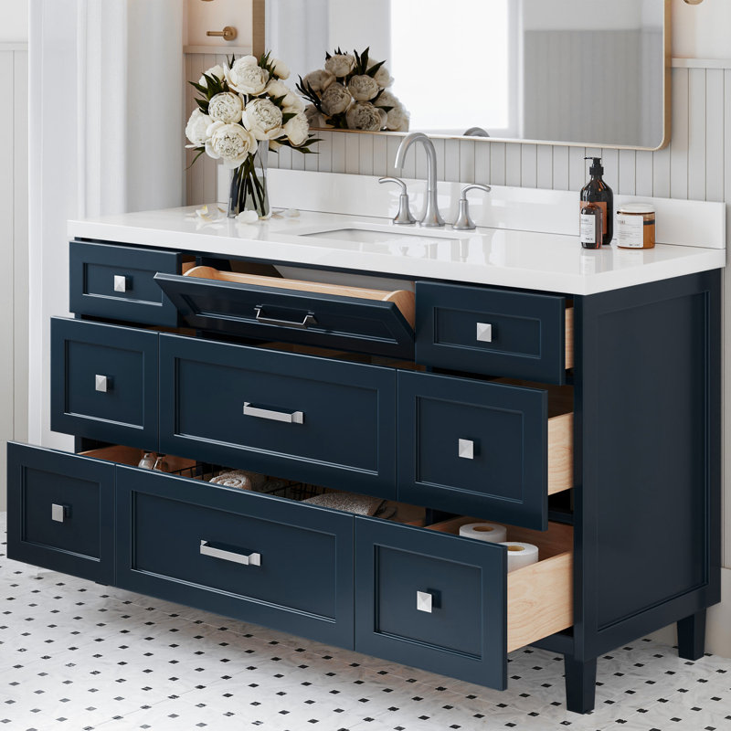 ARIEL Monroe 61 Single Sink Bathroom Vanity with Pure Quartz Top, Midnight Blue, Brushed Brass, 61"