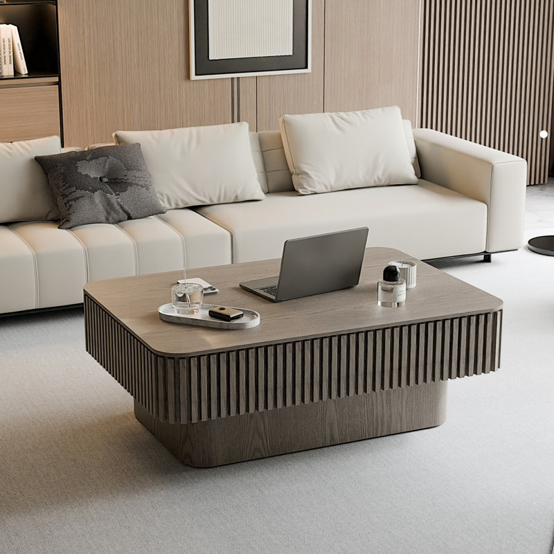 Table basse cannelée à plateau relevable avec rangement caché et mécanisme de fermeture en douceur en gris, Gris