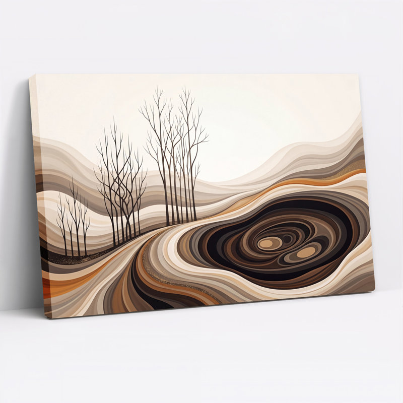 "Minimalist Bare Trees on Swirling Brown Hills", art mural sur toile, H 28 po x l 40 po