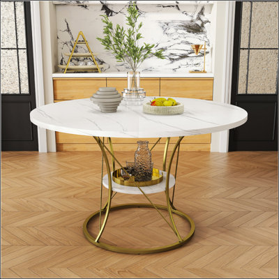 Round Expandable Dining Table With Storage Shelf, Metal Base, For 4-6 People, Ideal For Farmhouse Kitchens And Home Gatherings