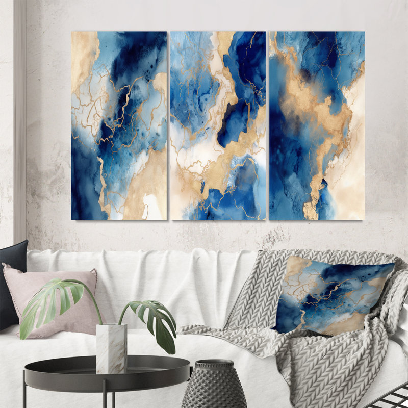 «Blue and Gold Marble Clouds VII», 3 pièces sur toile, Toile tendue, H 20 po x l 36 po