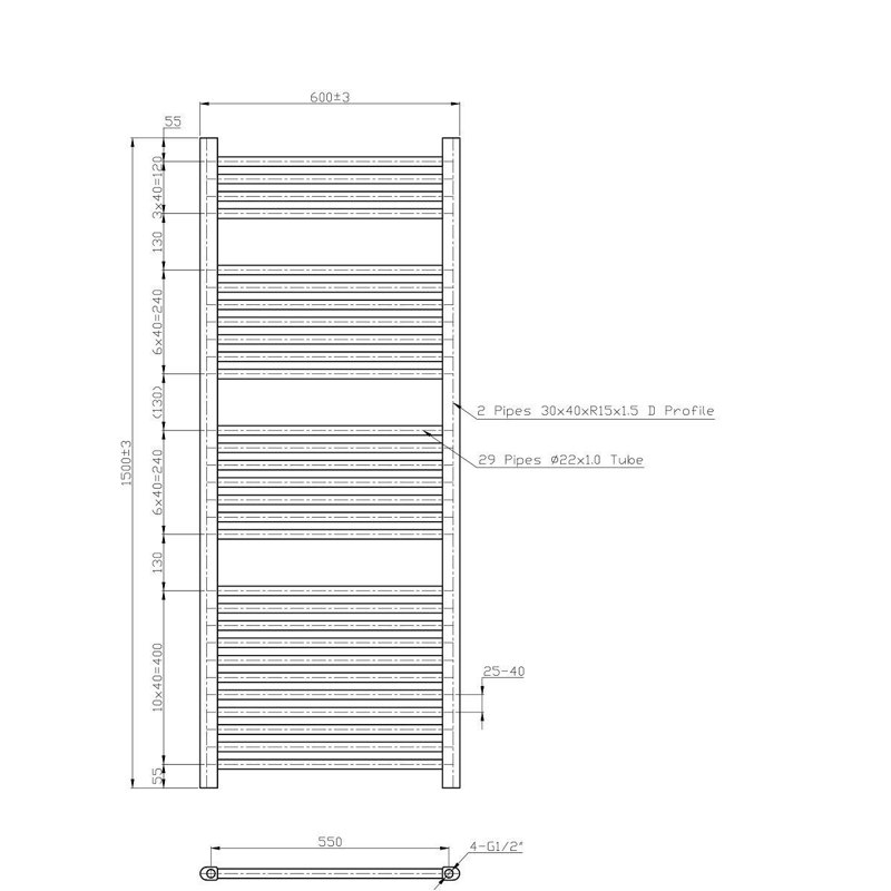 Straight Towel Rail Heated Towel Rails, 150 cm H x 60 cm W x 3 cm D, White