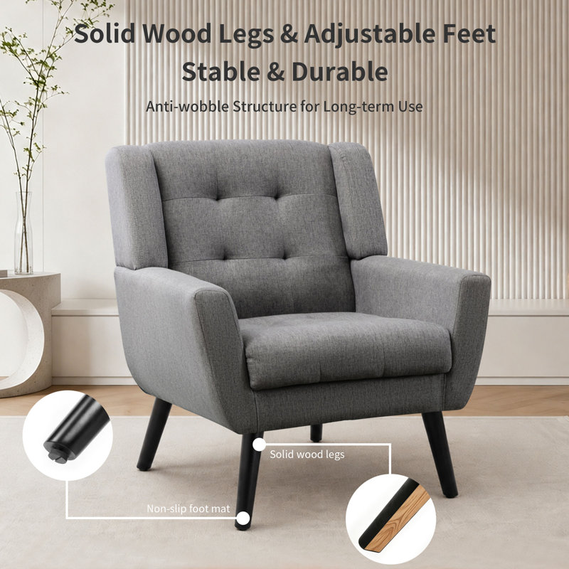 Tufted Upholstered Wide Back Armchair（Set of 2）, Light Gray Linen Blend