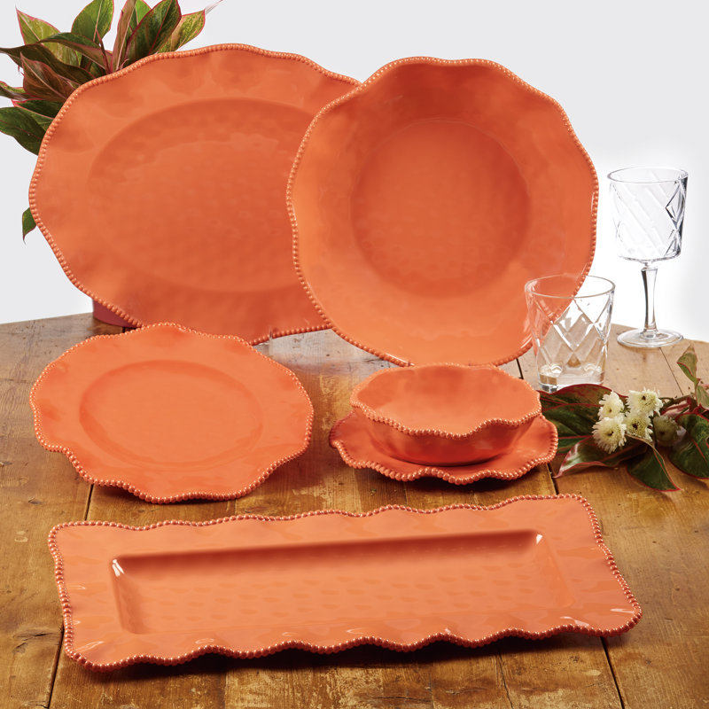 Coral Melamine Dinnerware Set with Beaded Ruffled Rims, Service for 4