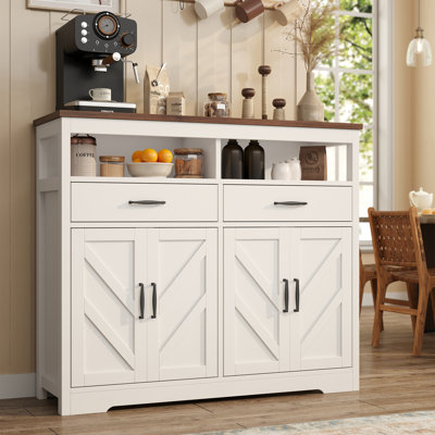 47" Farmhouse Buffet Cabinet with 4 Doors, Kitchen Storage Cabinet & Sideboard, Large Coffee Bar Cabinet with Adjustable Shelves for Dining Room, Entryway, Living Room, Buffet Sideboard, White