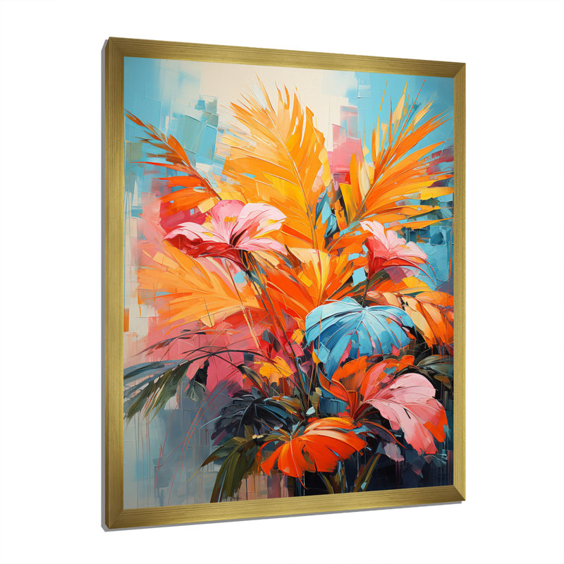 «Orange Orange Palm Trees», art mural sur toile florale, Encadrement doré, H 32 po x l 16 po x P 1 po