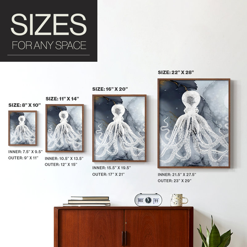 «Octopus Ink I», reproduction encadrée - bois massif, Cadre photo brun simple, H 20 po x l 16 po