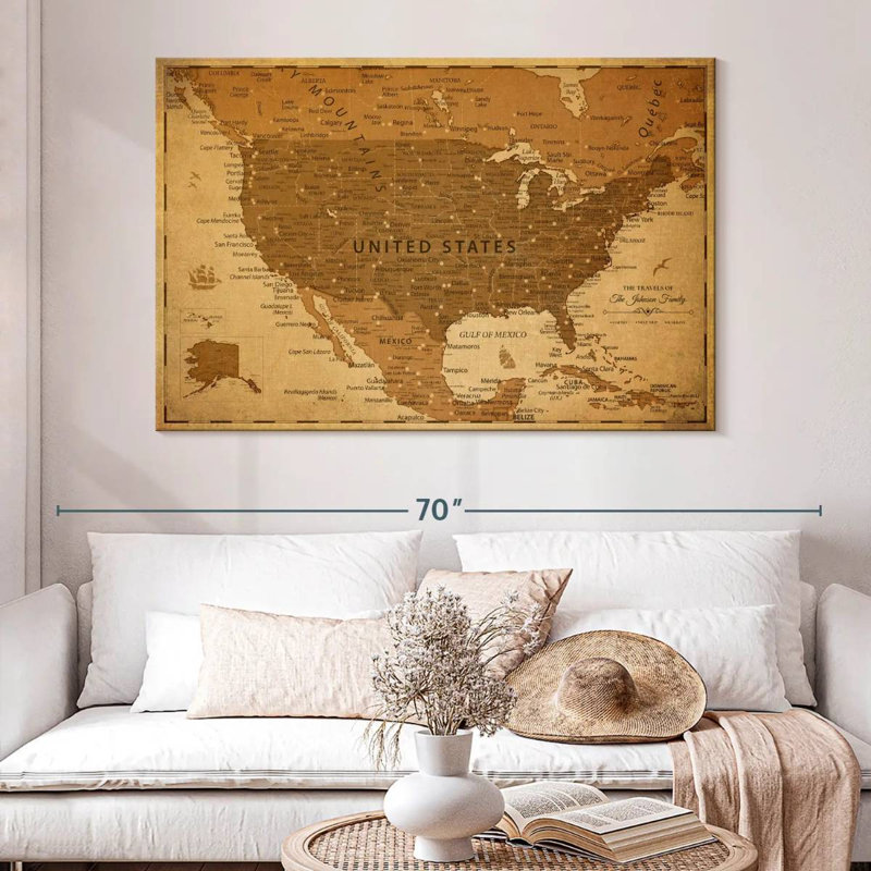 Carte des États-Unis personnalisée avec punaise antique, H 34 po x l 51 po, Oui