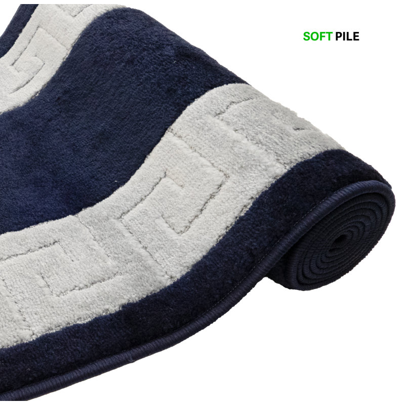 Custom Size Navy & Grey Meander Greek Key Slip Resistant Medium Soft Pile Rug, Runner 3' x 9'