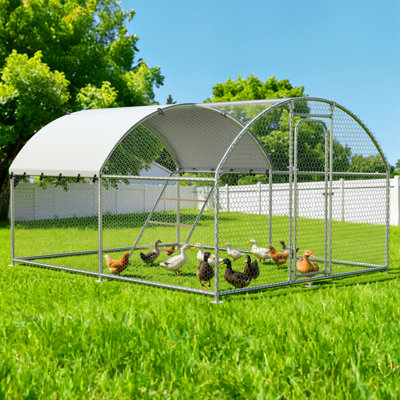 Poulailler avec perchoir, cage de volaille en métal avec enclos à poules imperméable argenté avec porte verrouillable