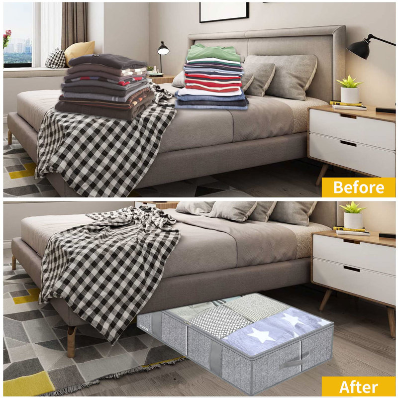 Breathable Under Bed Storage Bags With 4 Reinforced Handles And Sturdy Side Wall, 2 Pack Underbed Clothing Blankets Organizer With 2 Strong Zippers, Grey