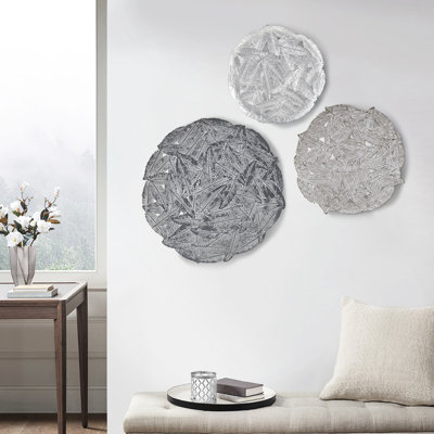 3 Textured Feather Metal Wall Decor - Grey Shade, 20", 17.25", 14.25" , Indoor Hanging, Hook Ring Hanger Disc , Rings