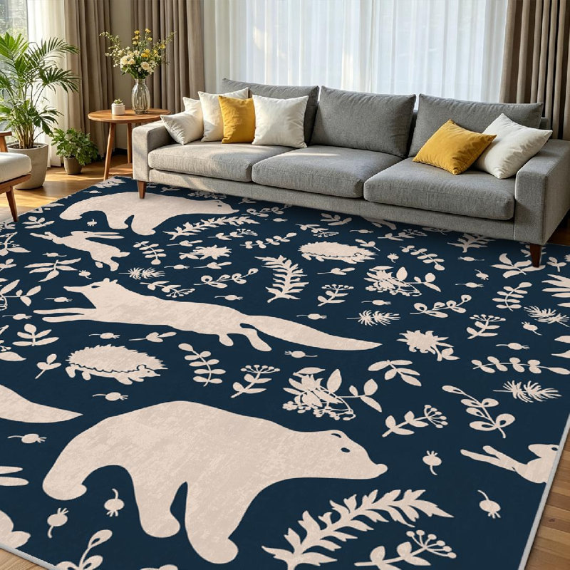 Tapis bleu lavable à la machine avec des animaux féeriques, Rectangle 71 po x 98 po