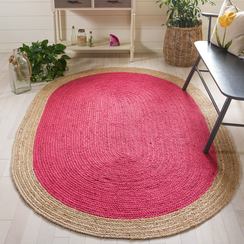 Alexina Hand-Woven Natural Jute Solid Color Area Rug, Ovale 2 pi 6 po x 4 pi, Fuchsia/Natural
