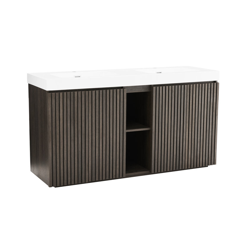 Chêne fumé, meuble-lavabo de salle de bain, lavabo blanc une pièce, étagère à quatre niveaux et attrayant, double vasque moderne, surface d'eau, design élégant, rangement organisé
