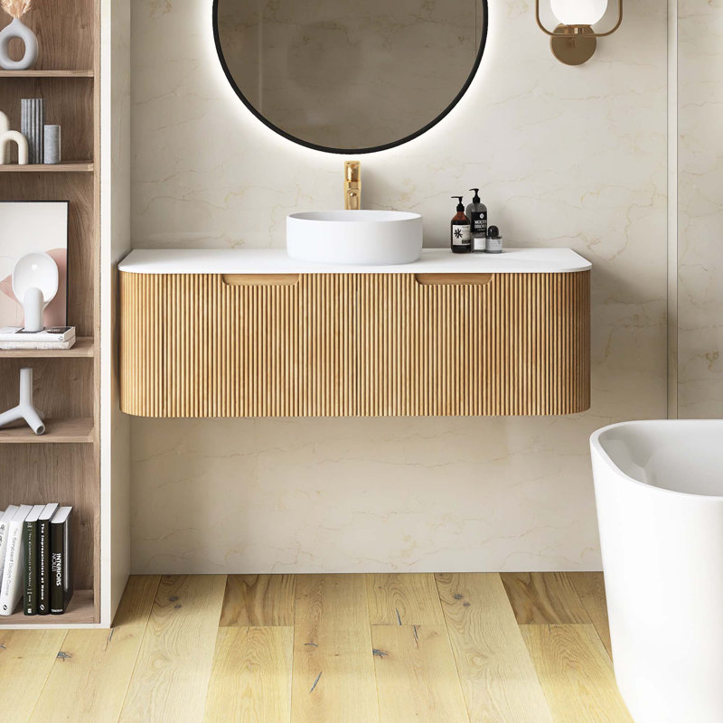 Ensemble de meuble-lavabo mural rayé pré-assemblé avec bords et courbes avec tiroir et sans robinet