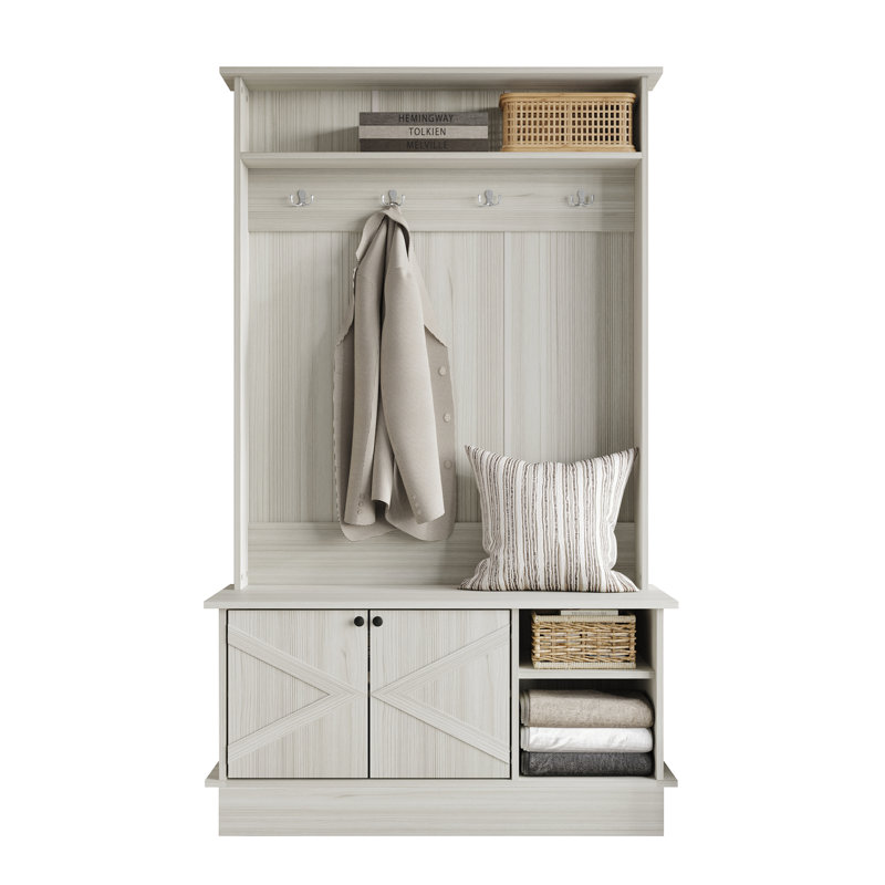 Hall Tree with Storage Cabinet, Light Gray