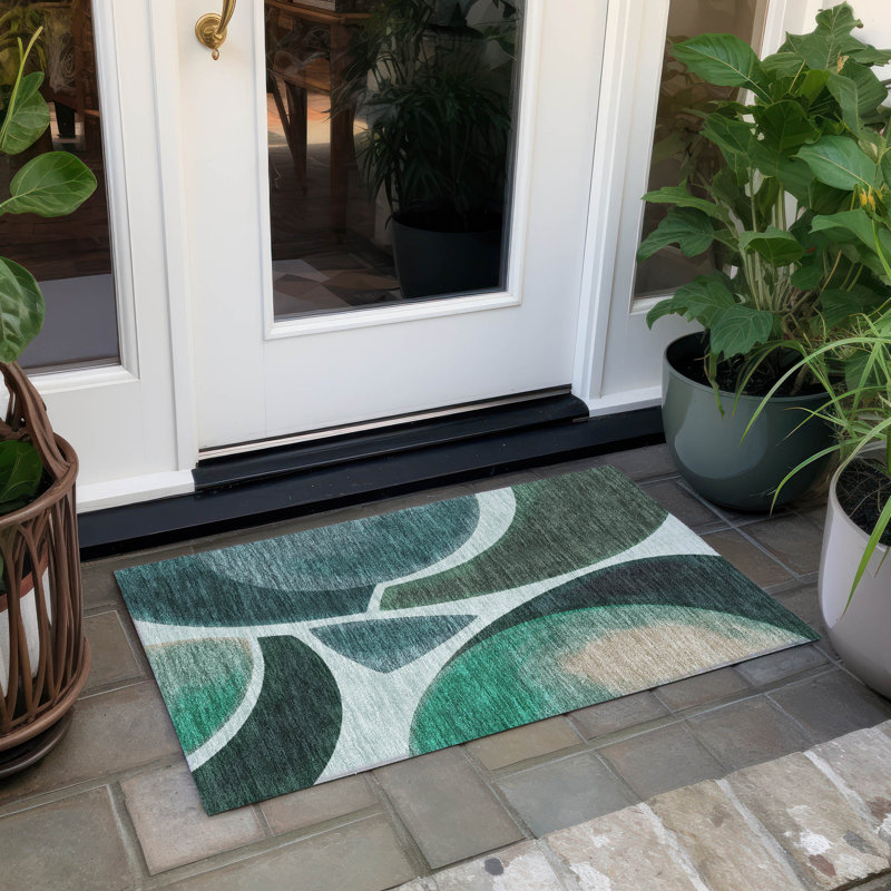 Tapis abstrait lavable à la machine intérieur / extérieur ACN2537, Sarcelle, Rectangle 1 pi 8 po x 2 pi 6 po