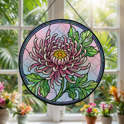 7.8"H Chrysanthemum Flower Stained Glass Window Panel