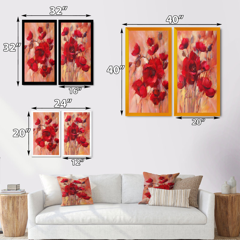 «Red Blooming Poppies», ensemble de 2 impressions sur toile, H 40 po x l 40 po x P 1 po, Cadre photo noir
