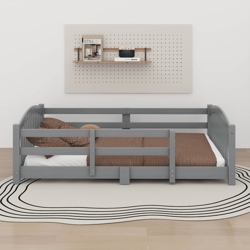 Full Size Floor Bed With Slats And Safety Guardrails, Wood Floor Bed Frame With Fence, Gray