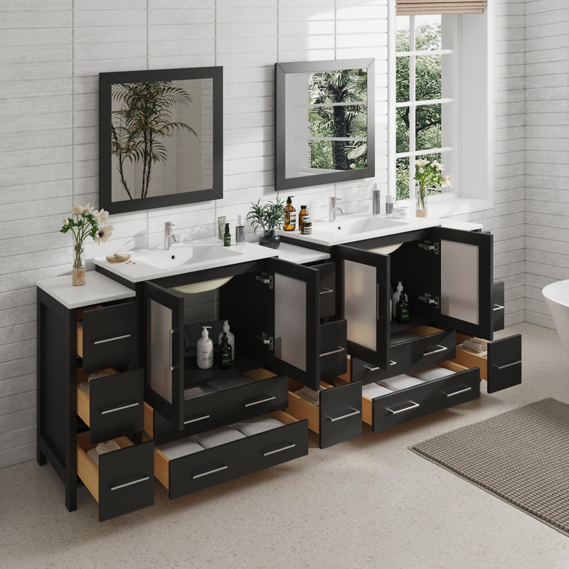  Modern 96" Double Bathroom Vanity Set with Mirror, Espresso