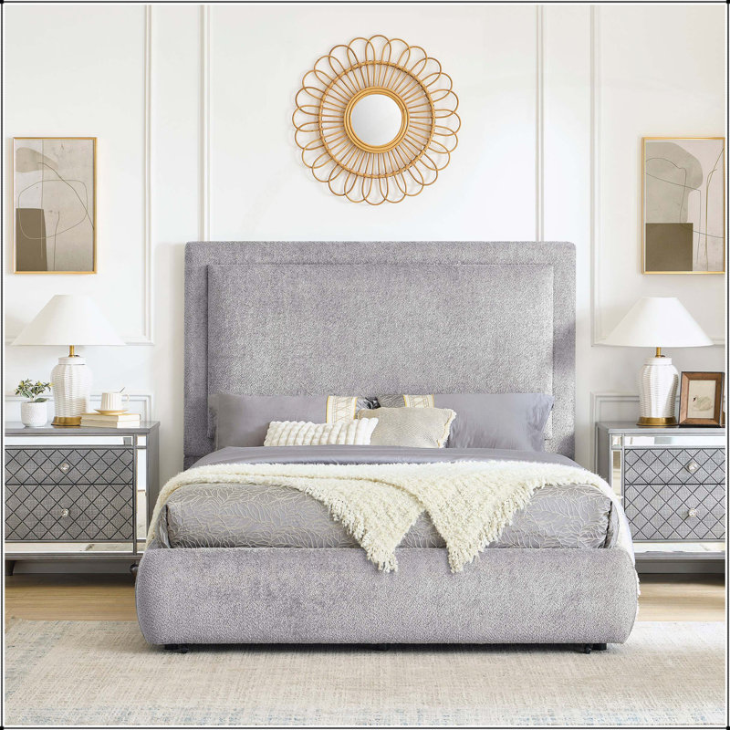 Cadre de lit luxueux pour grand lit 1pc revêtu de tissu chenille doux avec tête de lit haute rembourrée et rangement caché