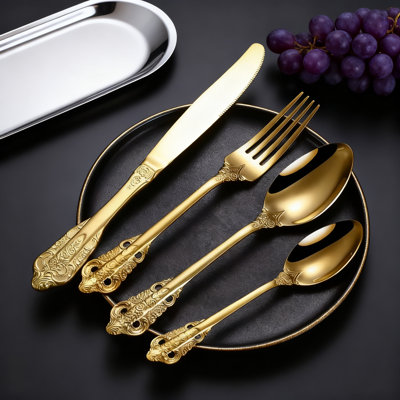 30-Piece Luxury Flatware Set, Premium 304 Stainless Steel Cutlery With Gold Accents, Complete Service For 6, Mirror Polished Finish For Elegant Dining