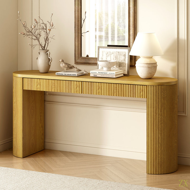 58.2" Entryway Table With Large Top And Dual Drawers,Console Table With Arched Sturdy Legs Stripe Design,Pine Veneer Sofa Table With Adjustable Feet For Living Room, Hallway,Foyer, Kitchen
