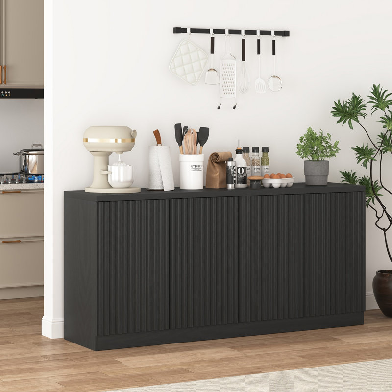 Buffet de cuisine cannelé 63 po avec rangement 63 po, noir, Noir